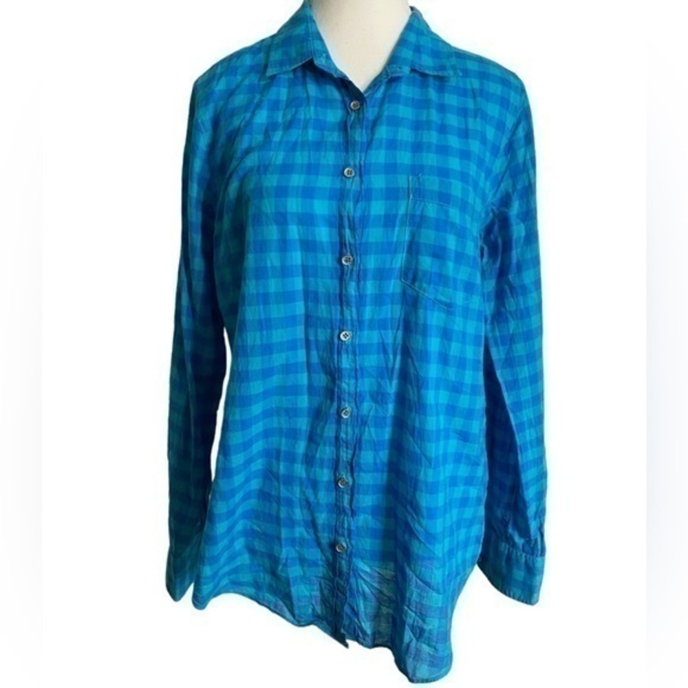 J Crew Gingham Classic Button Down Shirt in Boy Fit Aqua Check Women's Size M